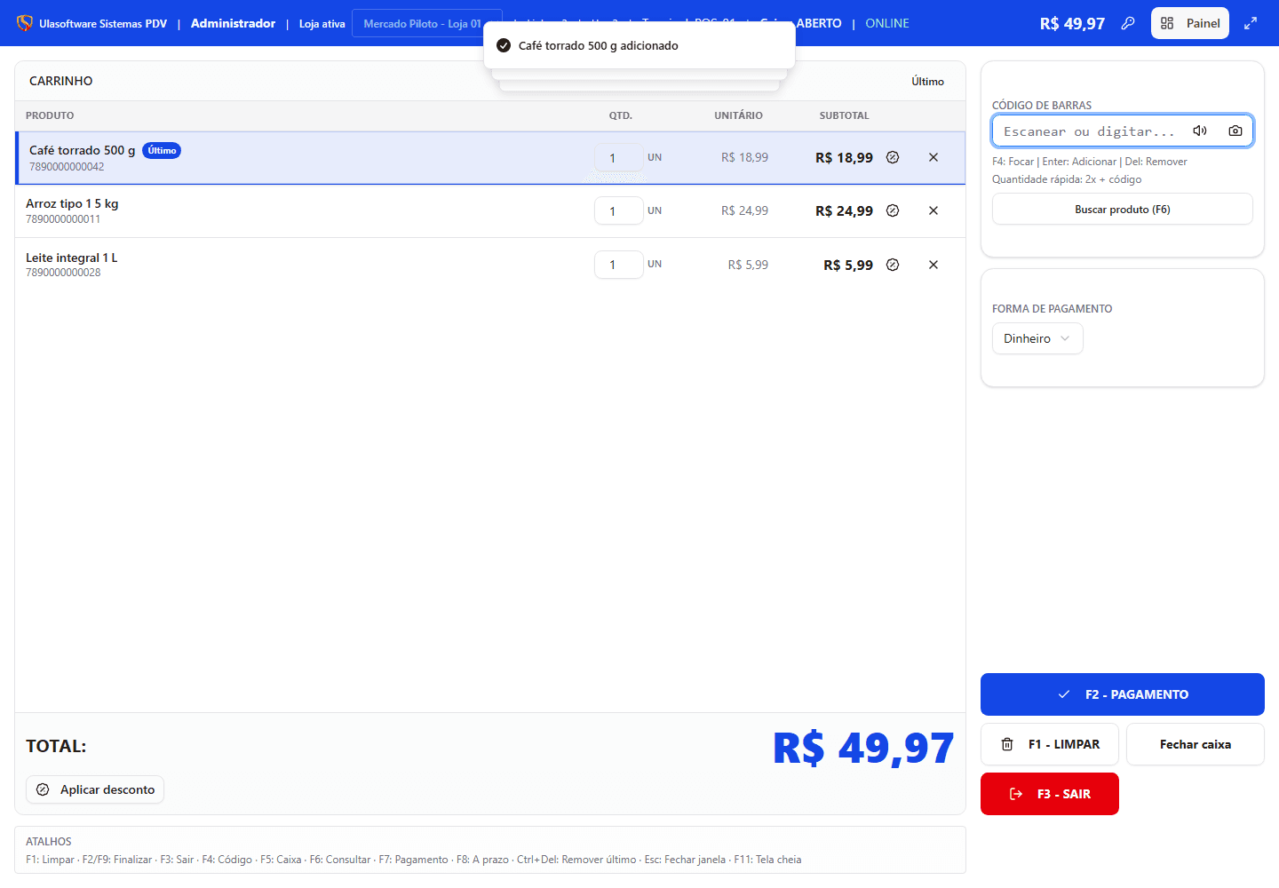 Tela real do Ulasoftware PDV com carrinho de produtos e total da venda