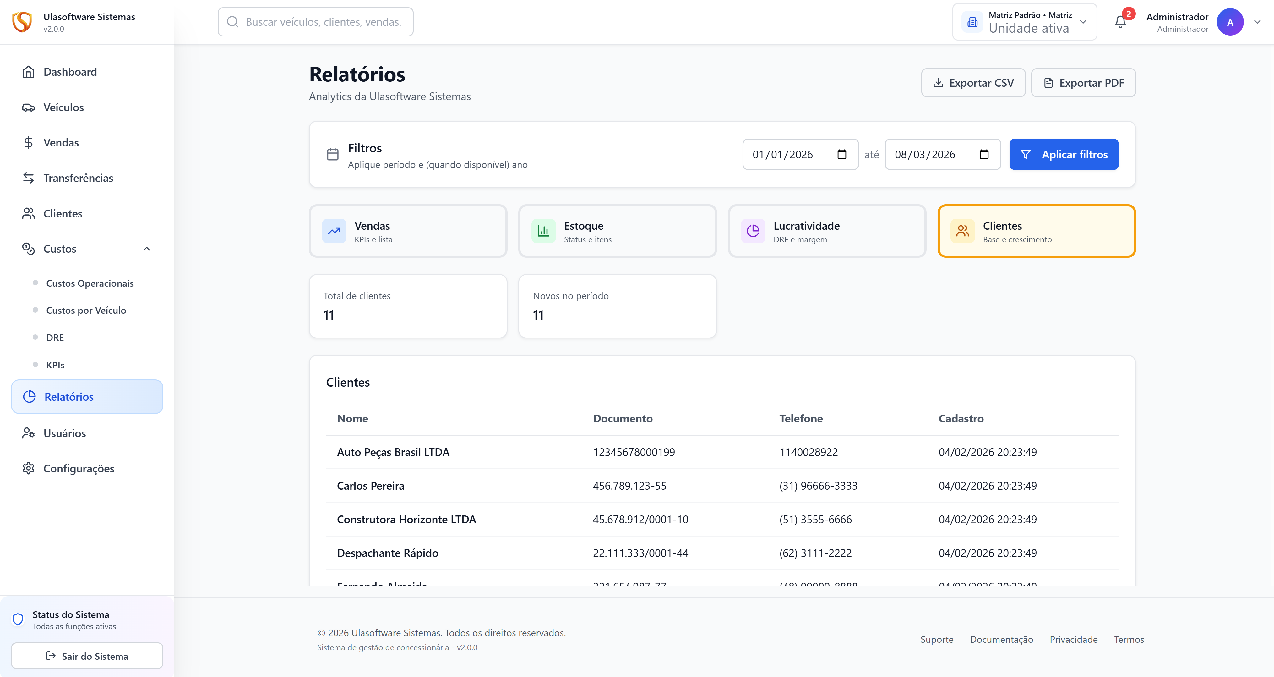 Tela real de relatório de clientes do sistema da Ulasoftware